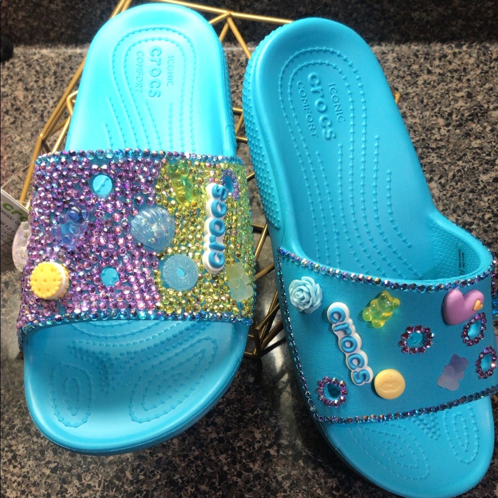 ✨CUSTOMIZED GLAM DIGITAL AQUA 💎 BLING CROCS 🐊 SLIDES SIZE 8✨